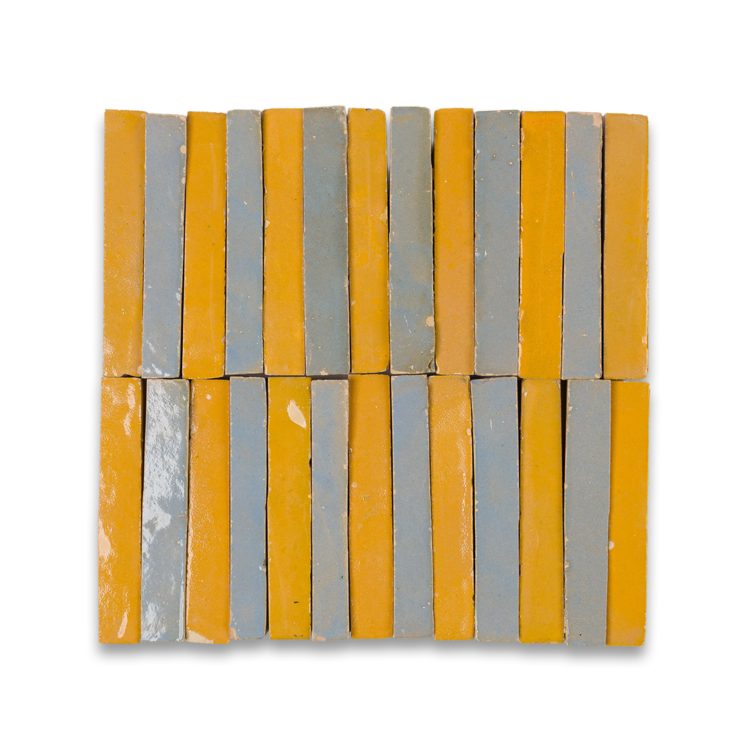 Patterned wooden blocks with yellow and gray stripes on a white background