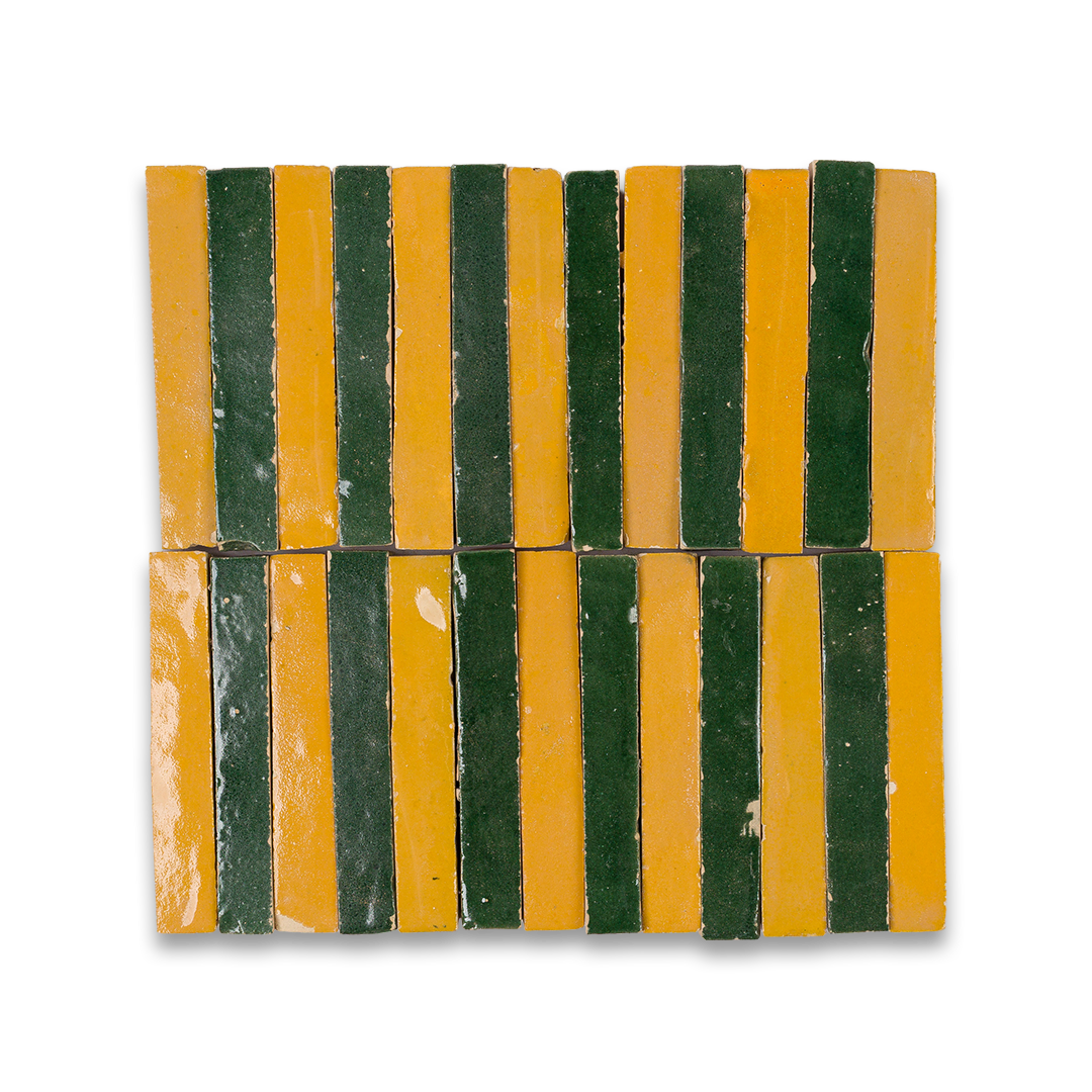 Set of green and yellow striped tiles on a white background