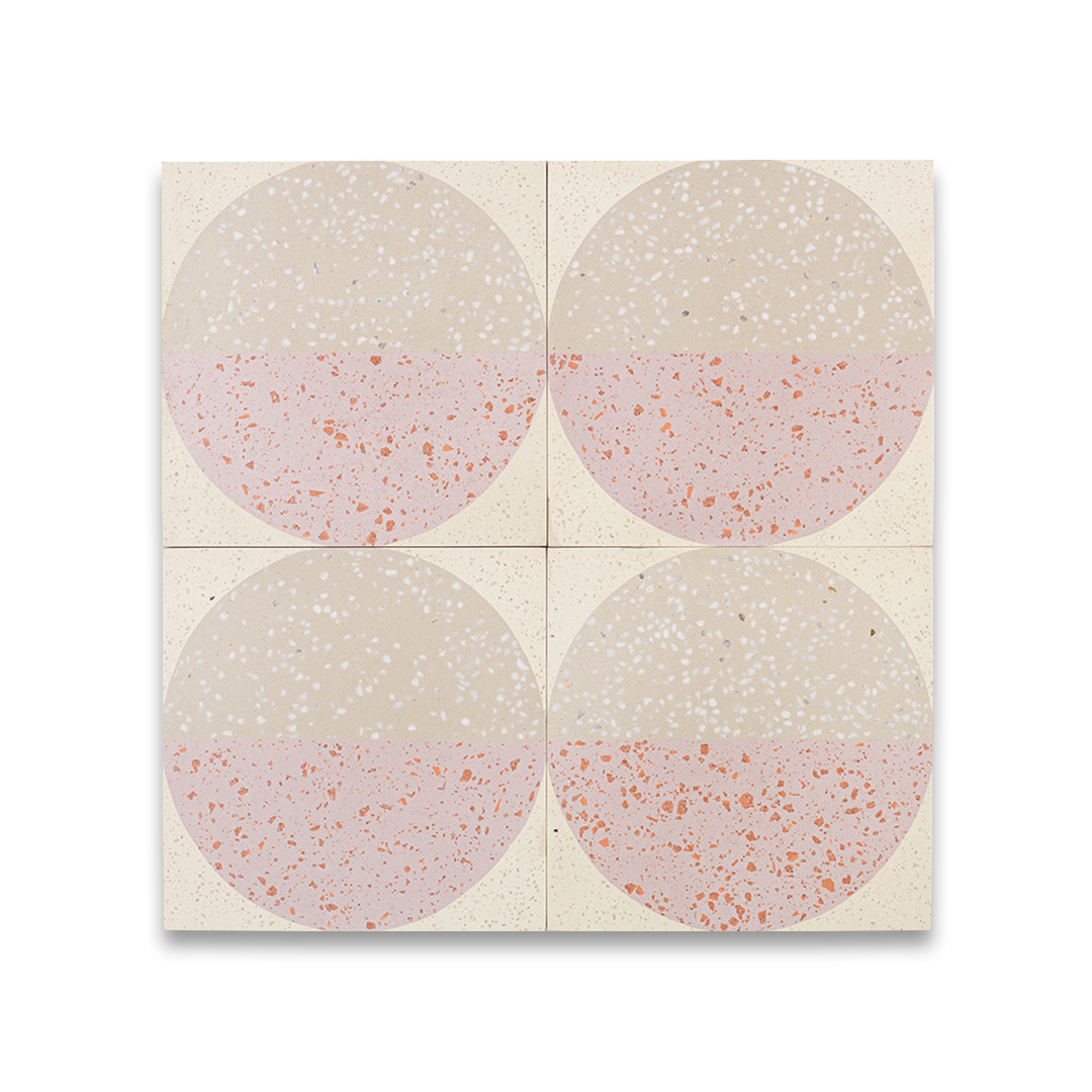 Square tile with terrazzo pattern featuring two concentric circles on a white background.