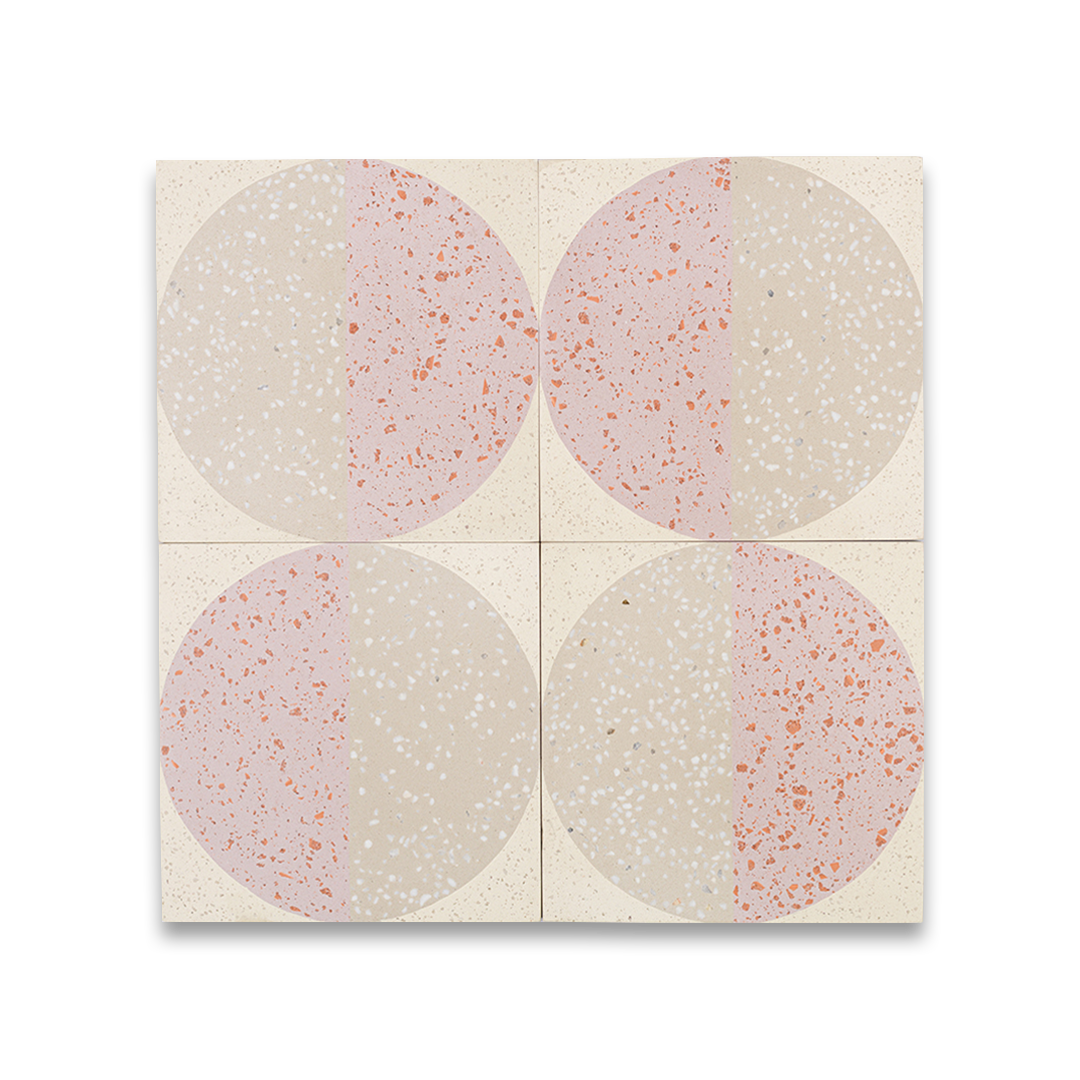 Square tile with terrazzo pattern featuring two concentric circles on a white background.