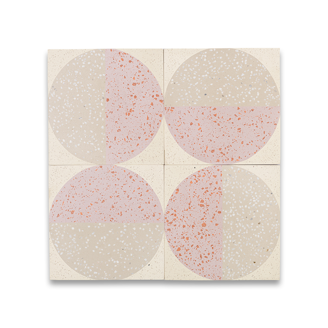 Square tile with terrazzo pattern featuring two concentric circles on a white background.