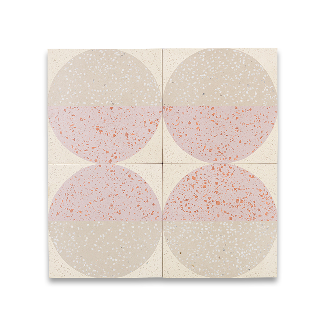 Square tile with terrazzo pattern featuring two concentric circles on a white background.
