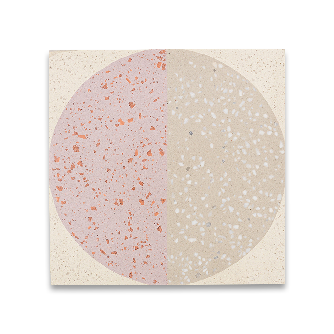 Square tile with terrazzo pattern featuring two concentric circles on a white background.