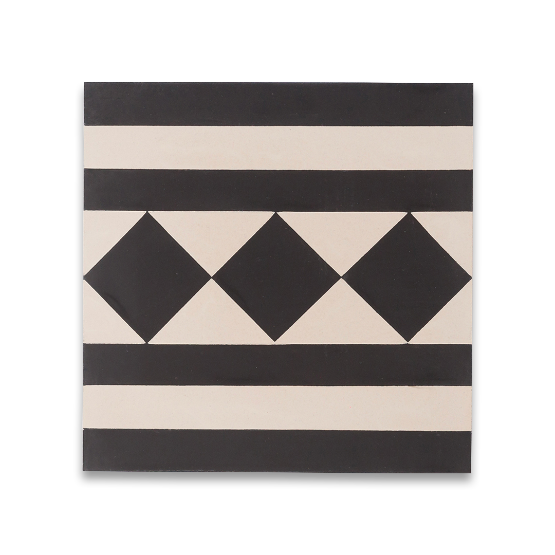 A black and white geometric pattern with diamond shapes and horizontal stripes, matte finish, square shape, ideal for modern, minimalist, or contemporary flooring and wall décor applications.
