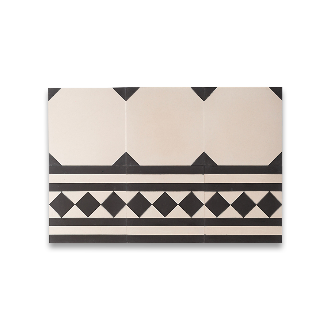 A black and white geometric pattern with diamond shapes and horizontal stripes, matte finish, square shape, ideal for modern, minimalist, or contemporary flooring and wall décor applications.