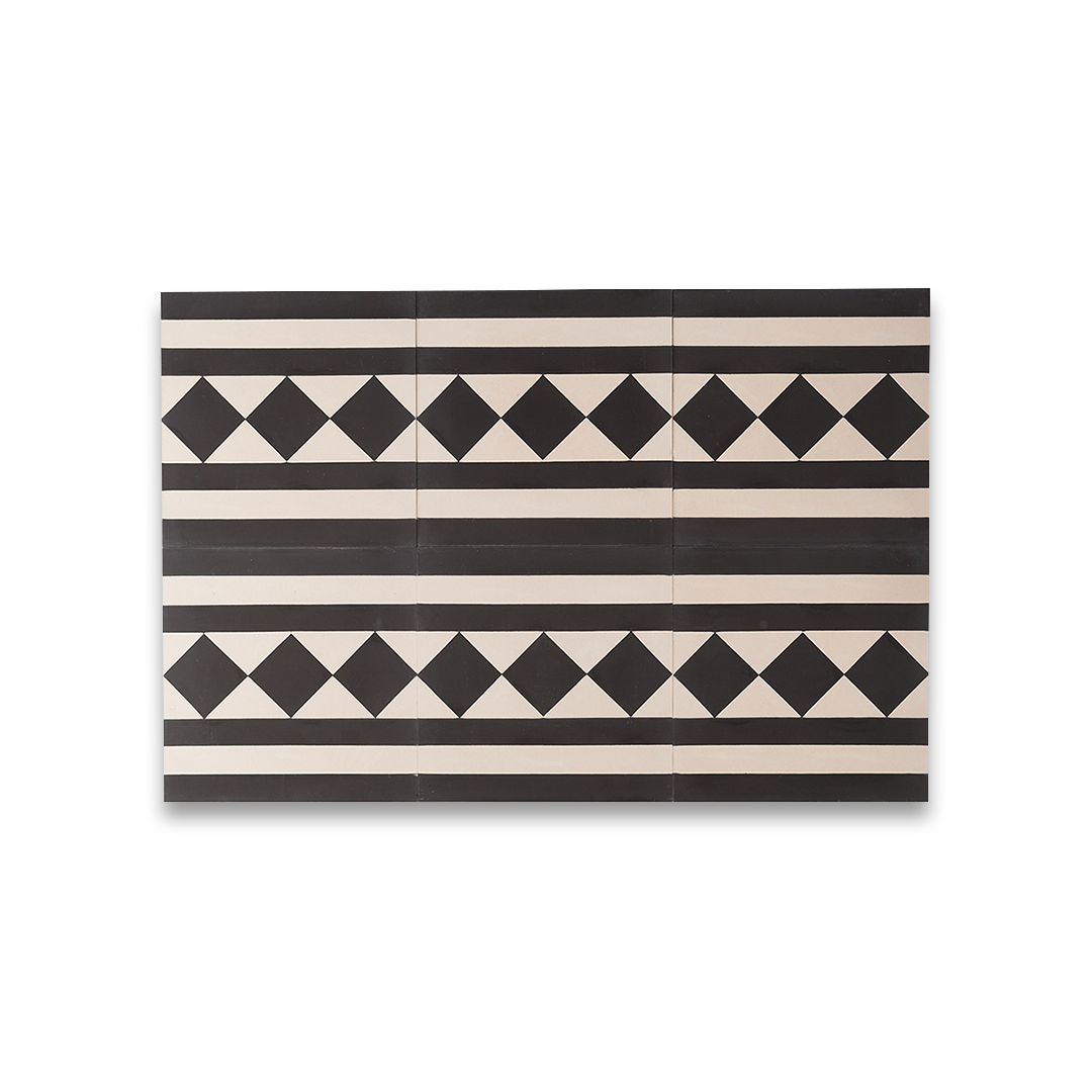 A black and white geometric pattern with diamond shapes and horizontal stripes, matte finish, square shape, ideal for modern, minimalist, or contemporary flooring and wall décor applications.