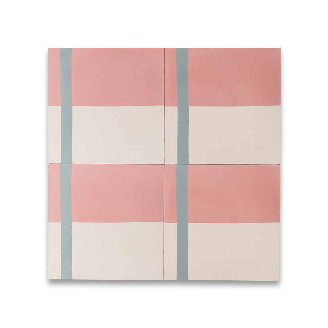 Blush Horizon cement tile featuring a soft pink upper block, cream lower section, and vertical muted blue stripe, matte finish, ideal for modern, minimalist, or Scandinavian interior wall and floor décor.
