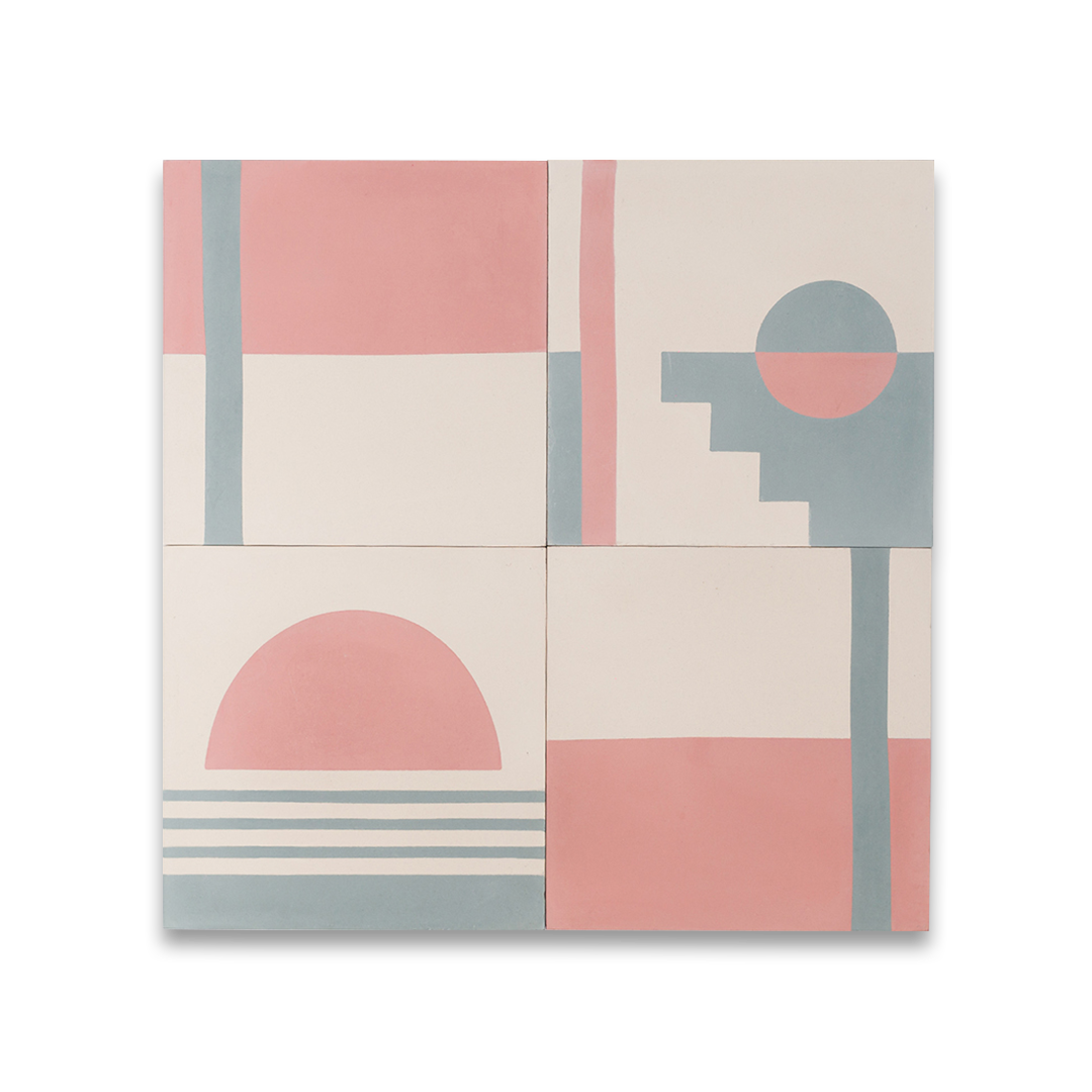 Blush Horizon cement tile featuring a soft pink upper block, cream lower section, and vertical muted blue stripe, matte finish, ideal for modern, minimalist, or Scandinavian interior wall and floor décor.