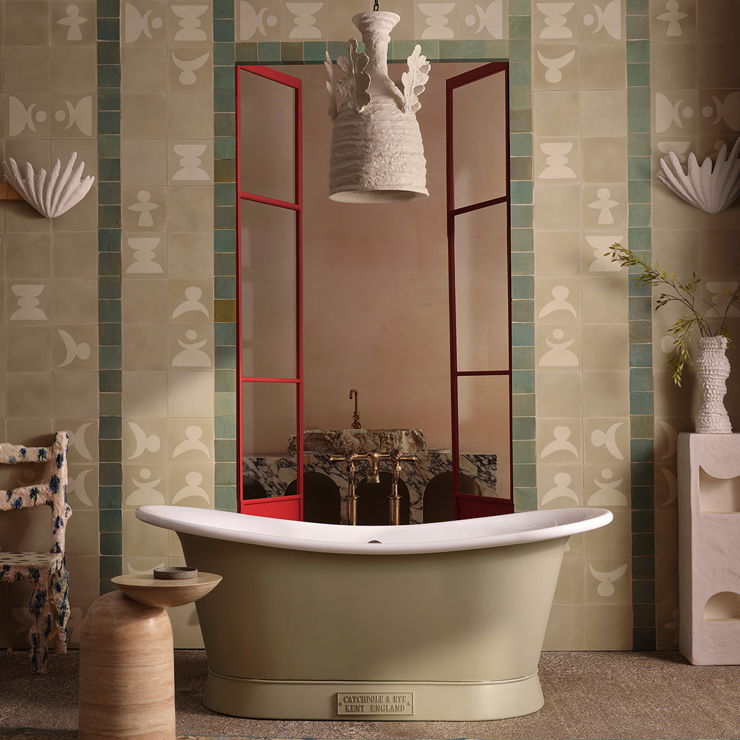 Beige cement tile featuring cream abstract geometric shapes with a modern artistic style, ideal for contemporary interiors, accent walls, or creative patterned floor designs.