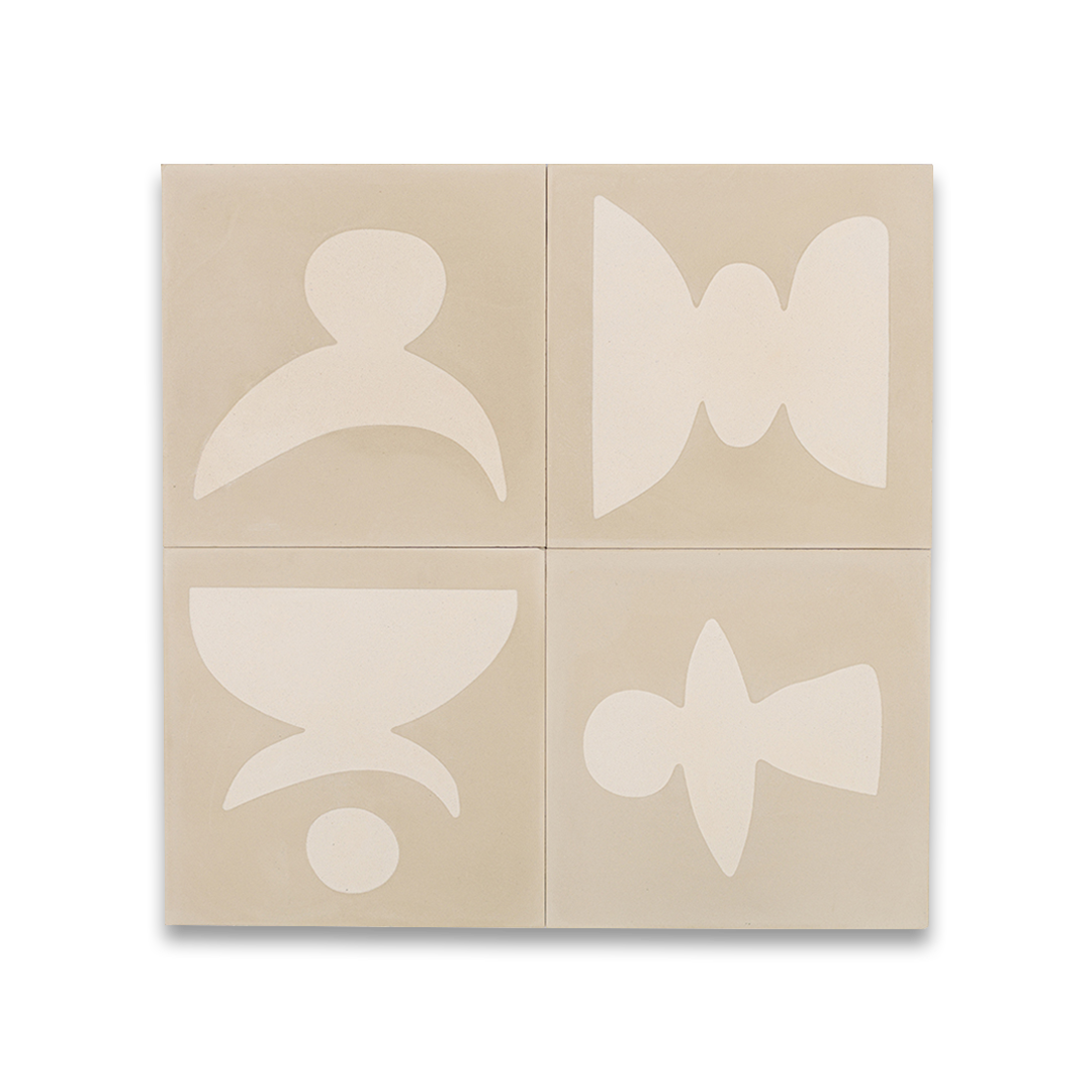 Beige cement tile featuring cream abstract geometric shapes with a modern artistic style, ideal for contemporary interiors, accent walls, or creative patterned floor designs.