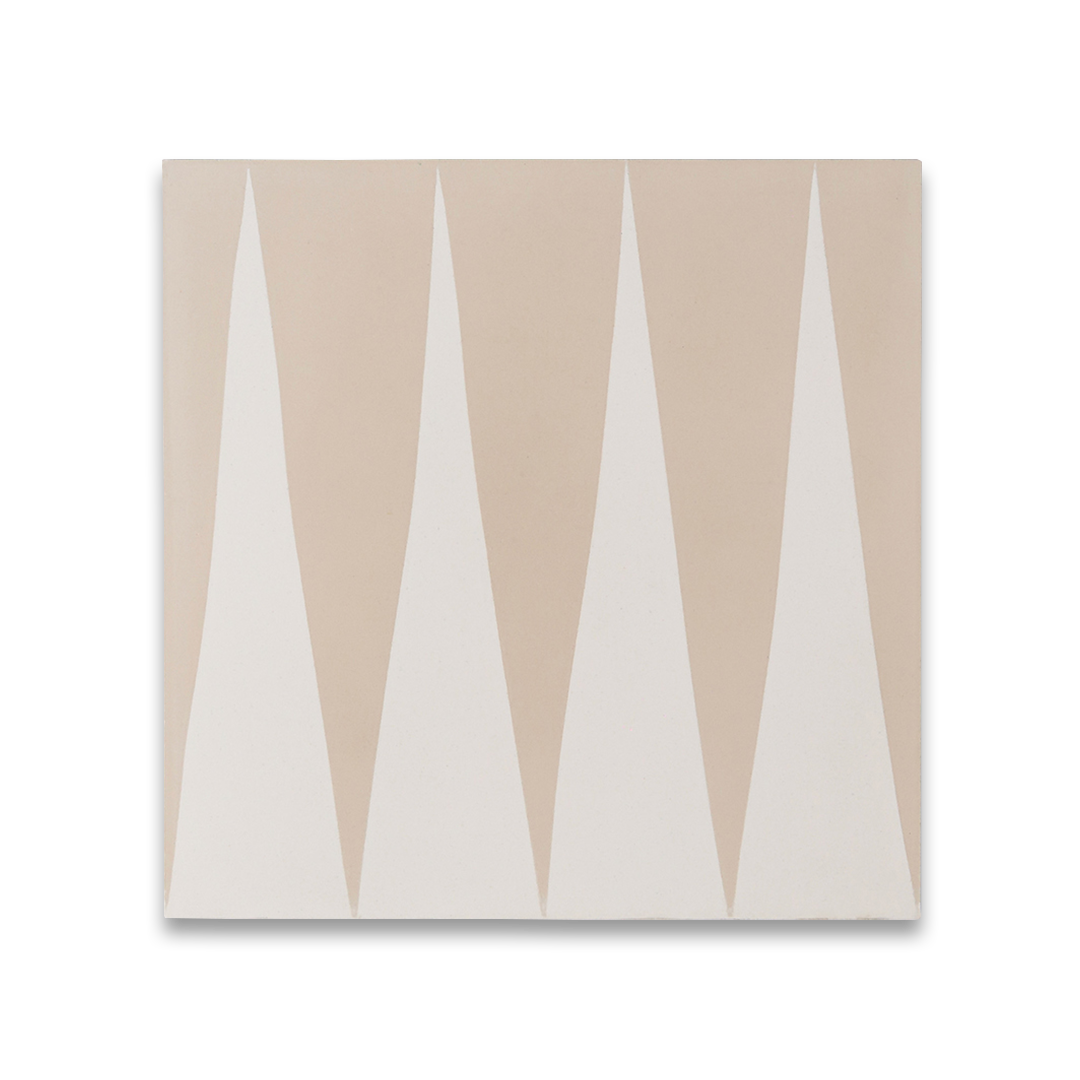 Beige and white cement tile featuring tall triangular peaks in a repeating geometric pattern, ideal for modern interiors, accent walls, or contemporary floor designs.