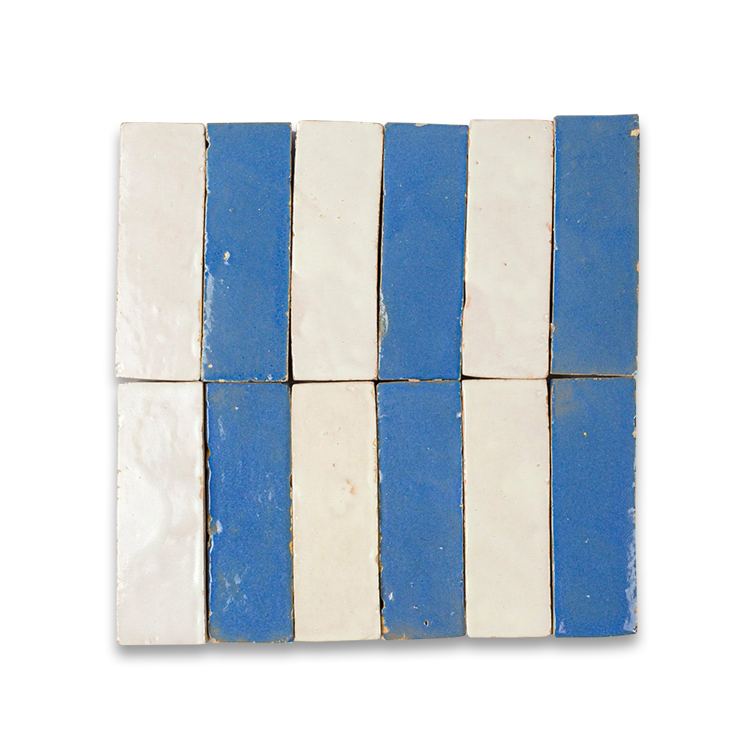 Set of six ceramic tiles with blue and white stripes on a white background