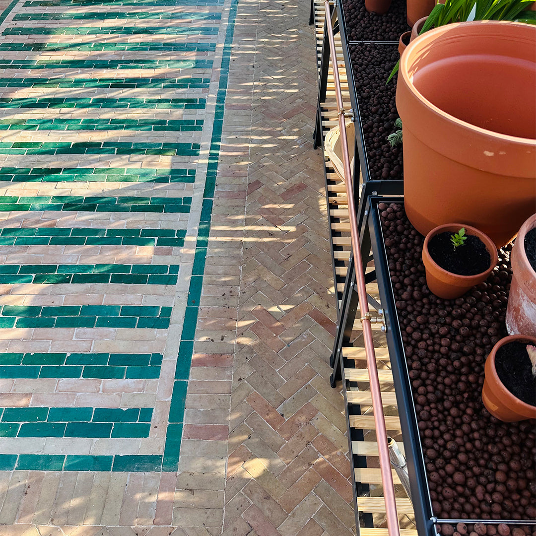 Striped green and beige bathroom mosaic tile flooring inside greenhouse, bordered with green tiles, blending decor and functionality.