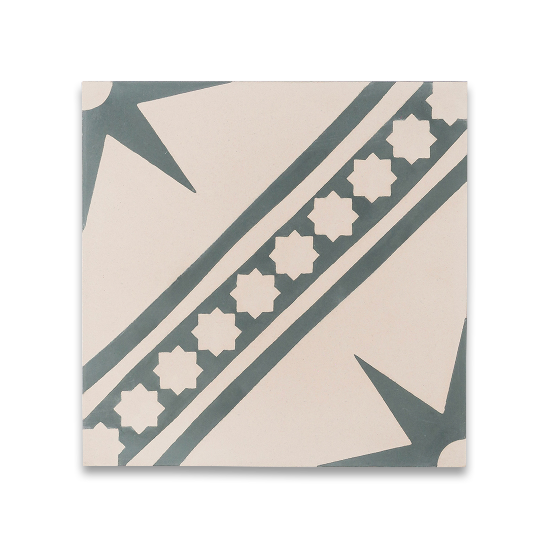 Beige and charcoal cement tile featuring a diagonal geometric pattern with star motifs and bold angular accents, handcrafted matte finish, ideal for Mediterranean-inspired flooring, wall décor, and interior design applications.