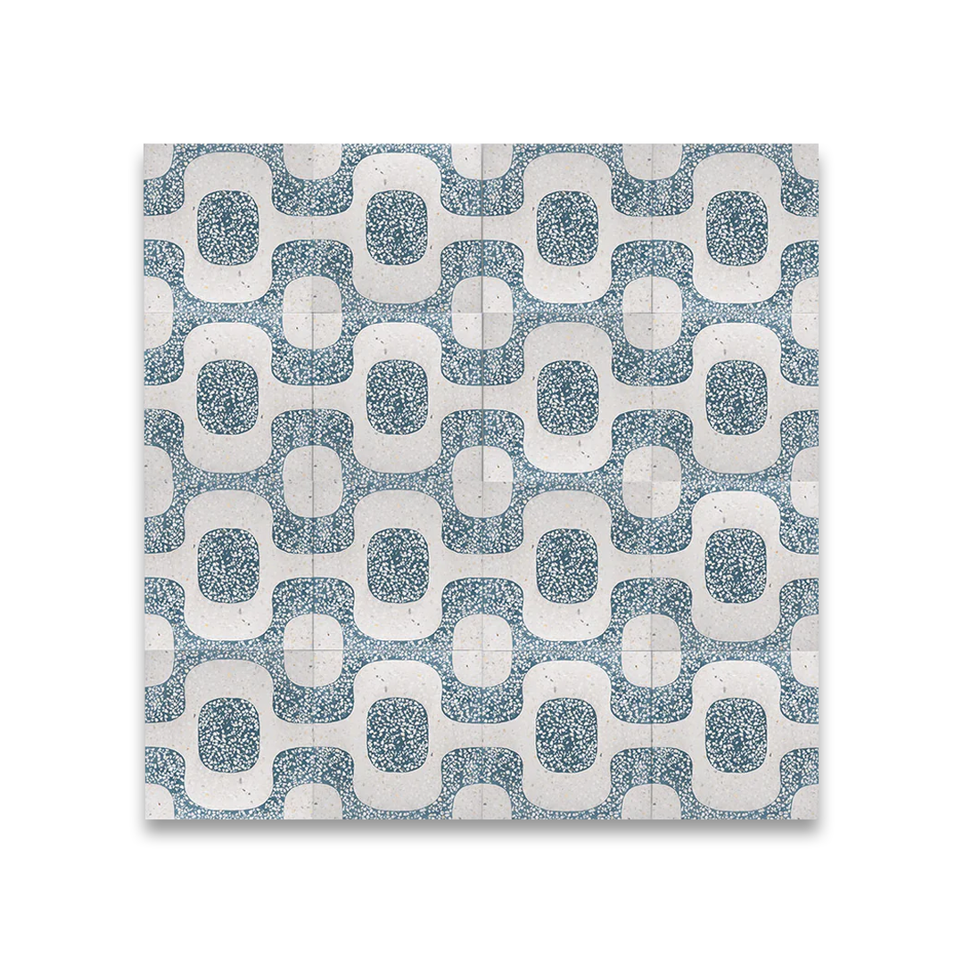 Cement tile featuring a terrazzo pattern with curved geometric shapes in teal blue and white tones, matte finish, ideal for retro, Mediterranean, or modern interior flooring and wall décor applications.