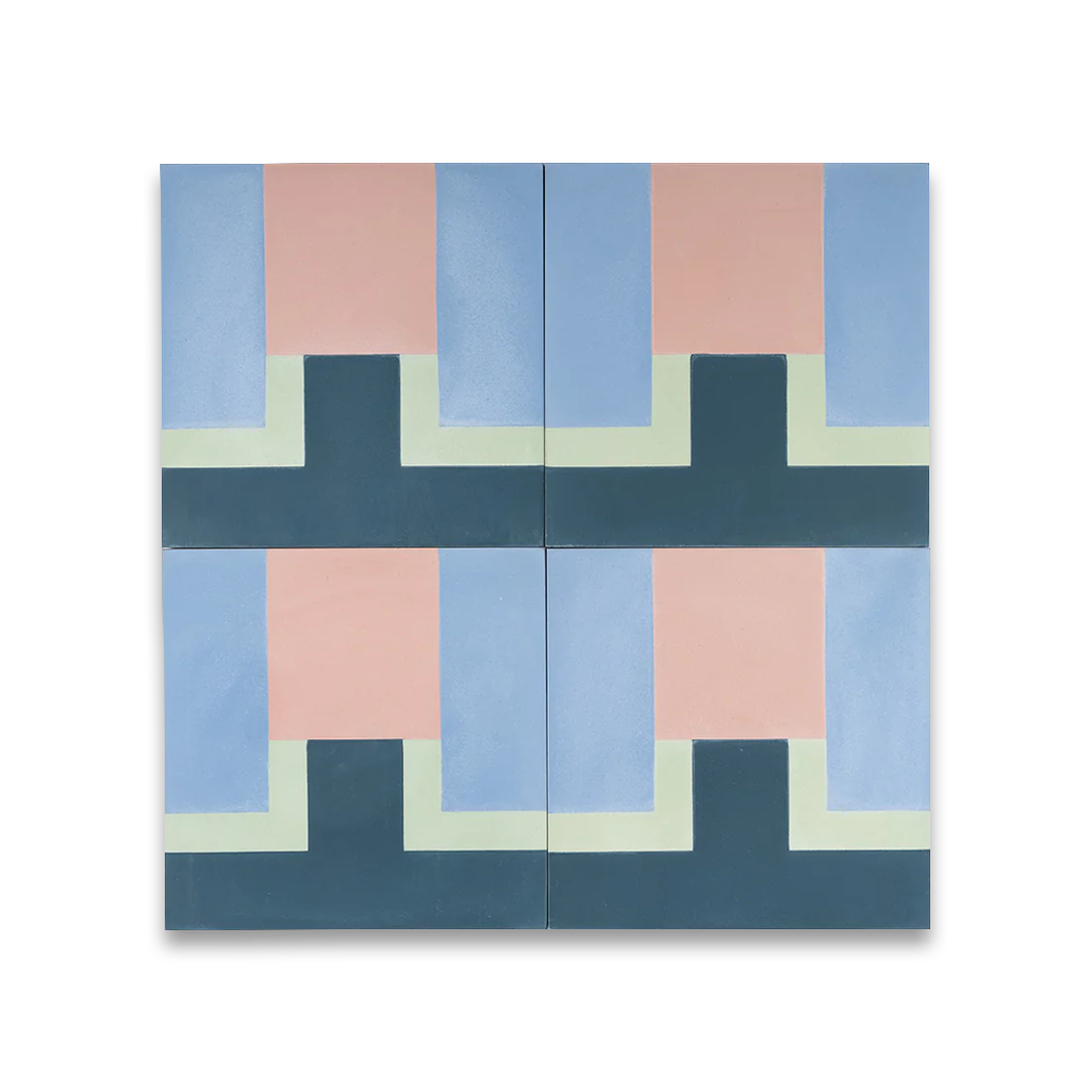 Cement tile featuring a geometric block pattern in pastel pink, sky blue, mint green, and deep teal tones, matte finish, ideal for modern, retro, or Mediterranean interior flooring and wall décor applications.