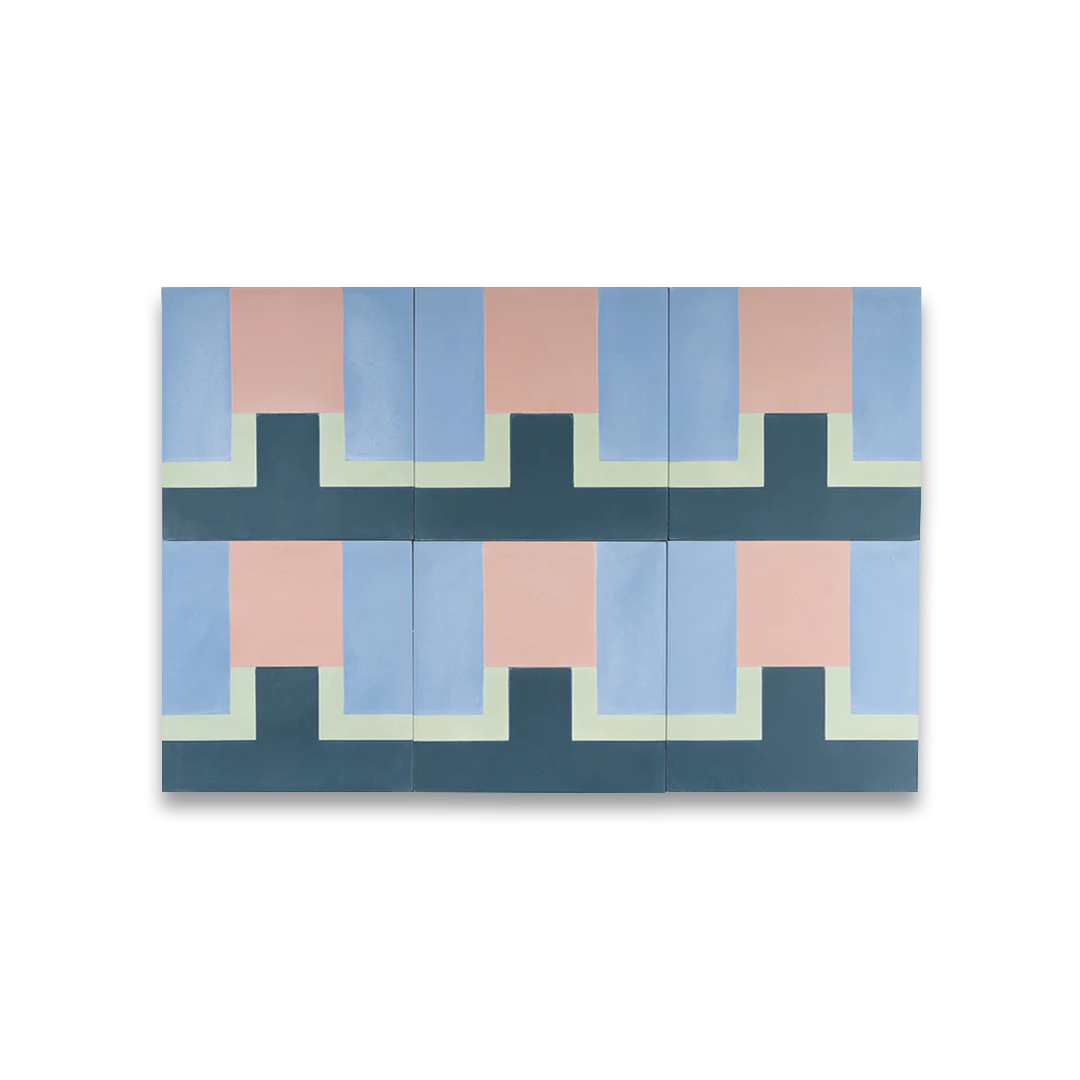 Cement tile featuring a geometric block pattern in pastel pink, sky blue, mint green, and deep teal tones, matte finish, ideal for modern, retro, or Mediterranean interior flooring and wall décor applications.