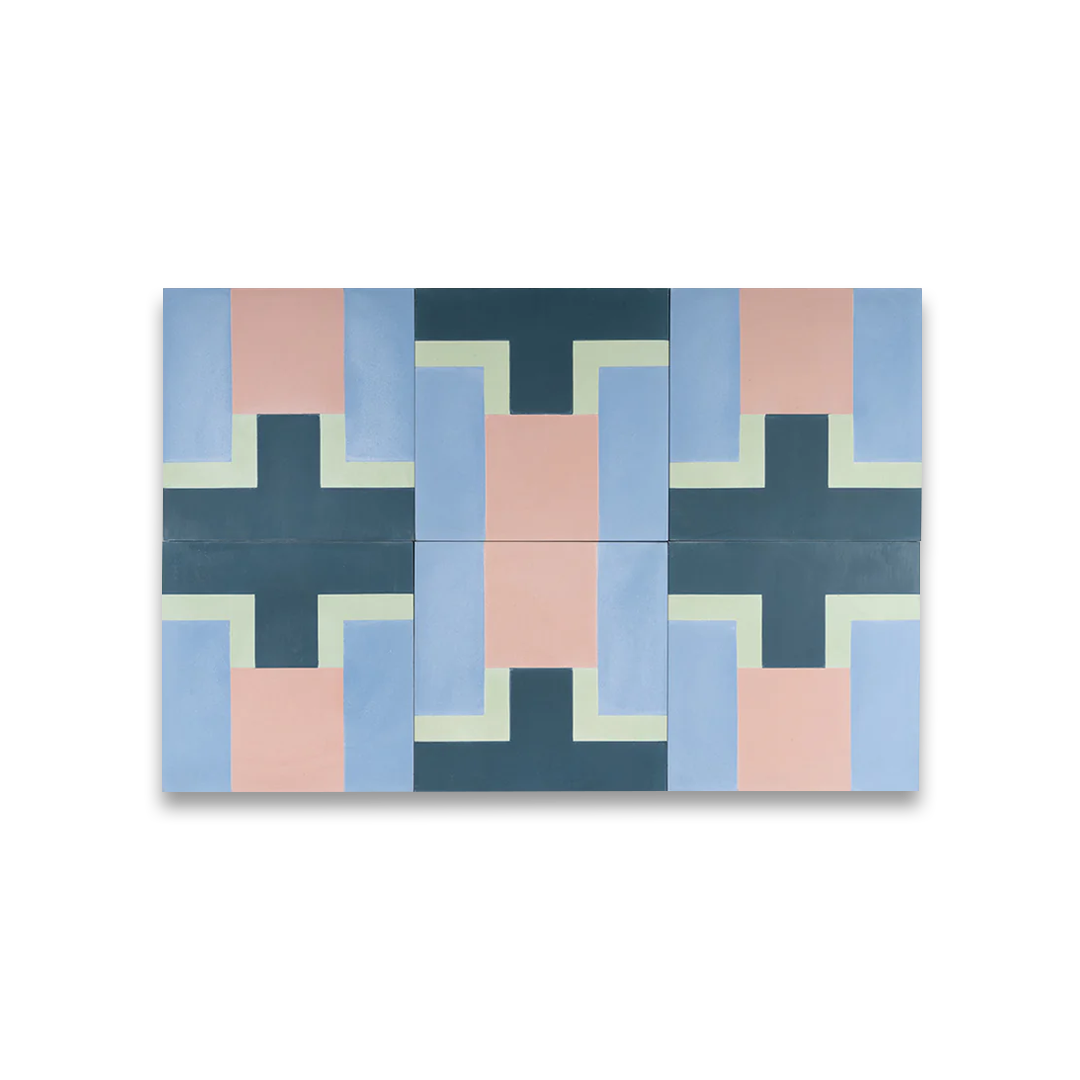 Cement tile featuring a geometric block pattern in pastel pink, sky blue, mint green, and deep teal tones, matte finish, ideal for modern, retro, or Mediterranean interior flooring and wall décor applications.