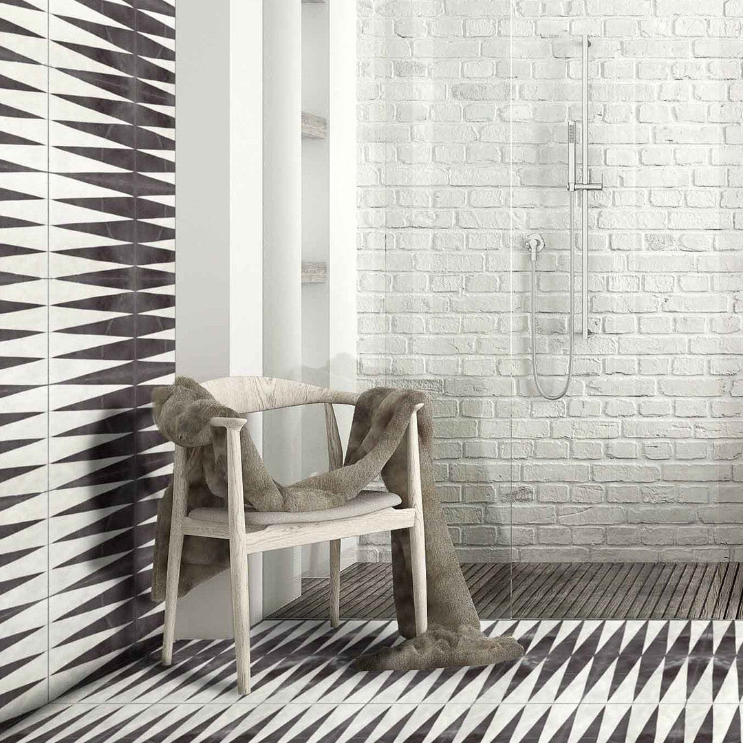 A bold black and white triangular geometric pattern with a matte finish, square shape, ideal for modern, minimalist, or contemporary flooring and wall décor applications.