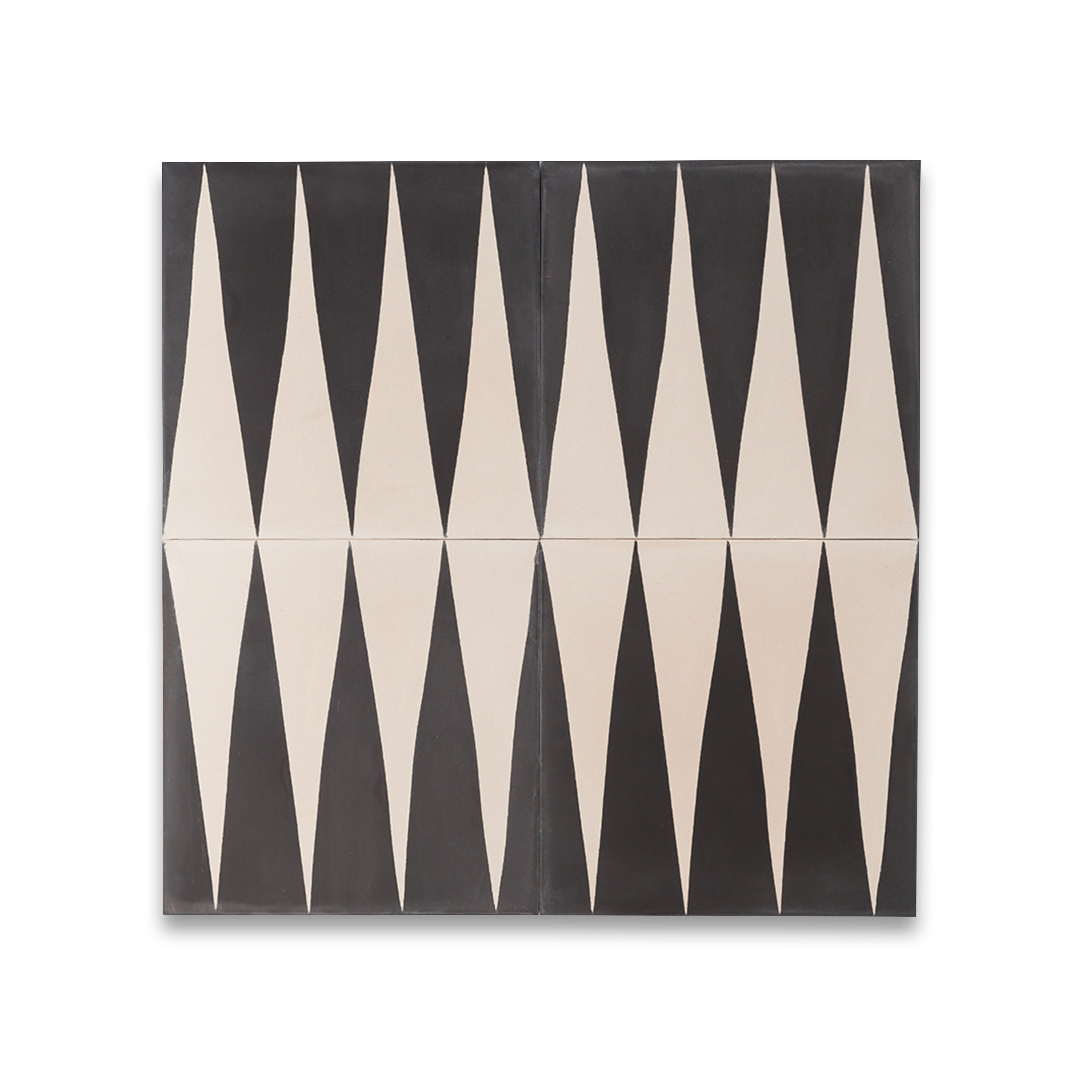 A bold black and white triangular geometric pattern with a matte finish, square shape, ideal for modern, minimalist, or contemporary flooring and wall décor applications.