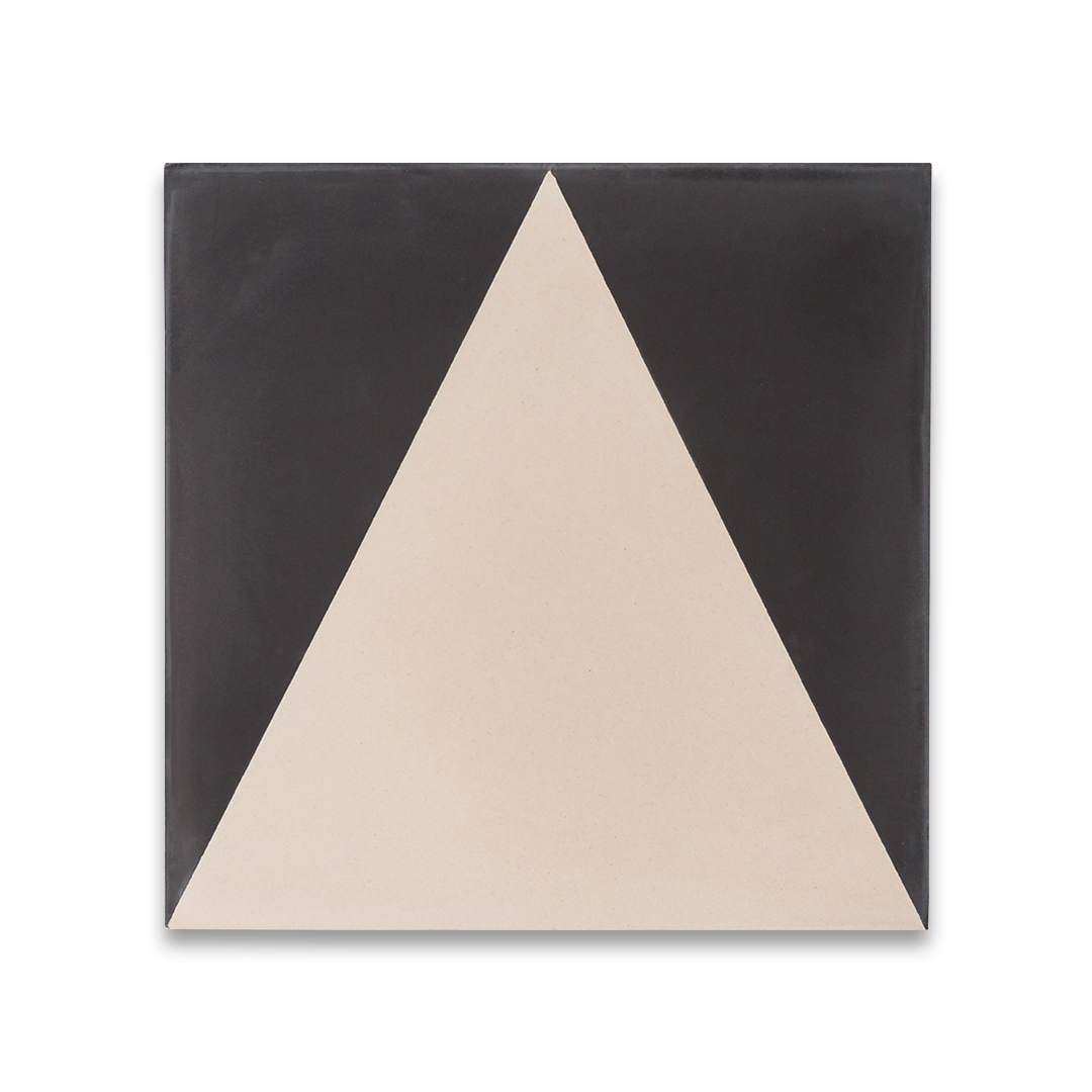 A bold geometric triangle pattern in beige and black tones, matte finish, square shape, ideal for modern, minimalist, or contemporary flooring and wall décor applications.