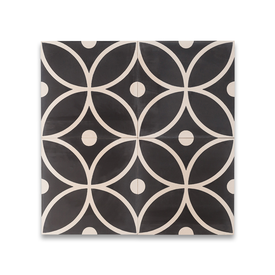 A black and white petal-shaped geometric pattern with circular accents, matte finish, square shape, ideal for modern, vintage, or Mediterranean flooring and wall décor applications.