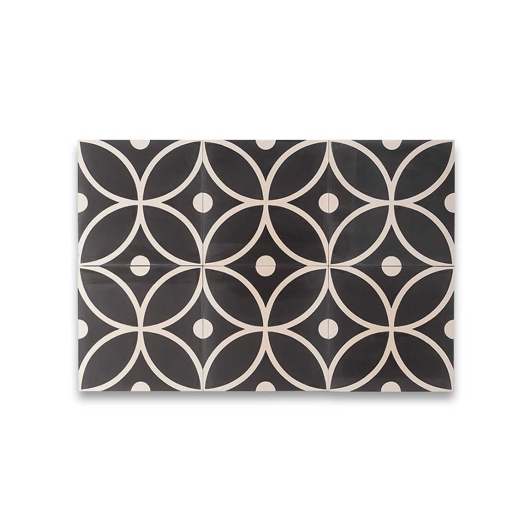 A black and white petal-shaped geometric pattern with circular accents, matte finish, square shape, ideal for modern, vintage, or Mediterranean flooring and wall décor applications.