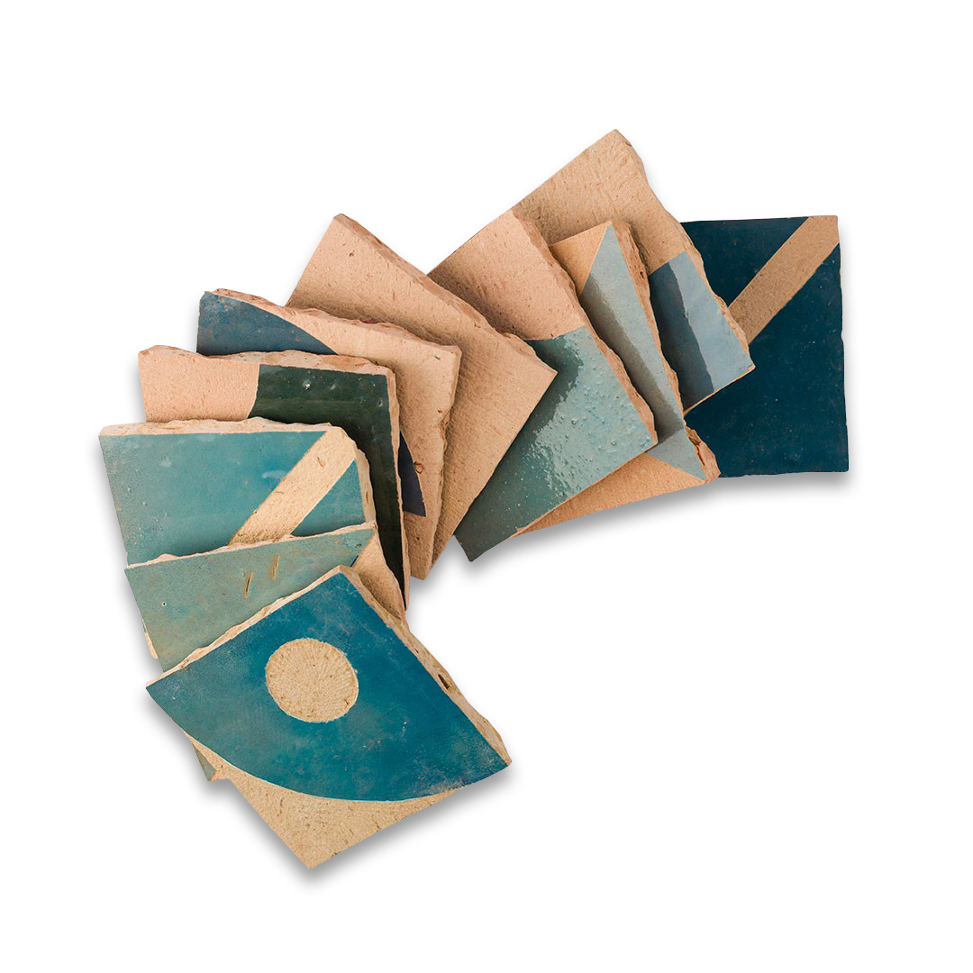 Set of geometrically shaped coasters with teal and brown colors on a white background