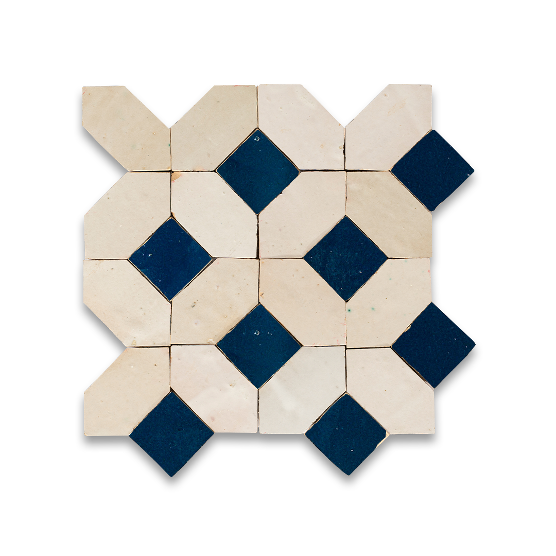Decorative tile with a geometric pattern of beige and blue squares on a white background