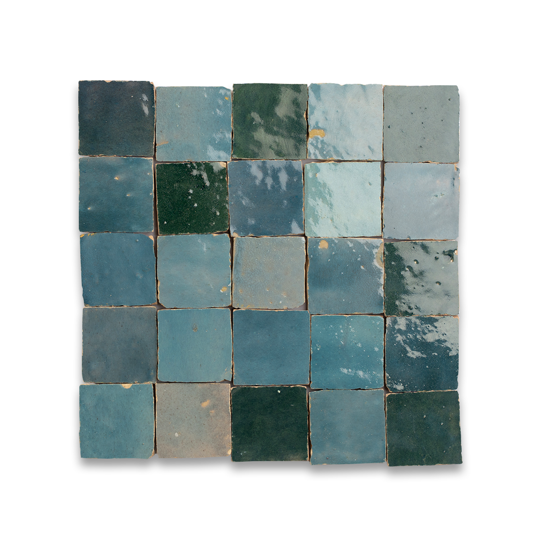 Mosaic of blue tiles on a white background
