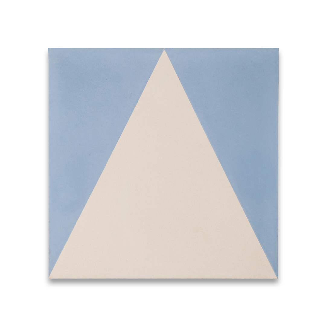 Cement tile featuring a geometric triangle pattern in soft sky blue and off-white tones, matte finish, ideal for modern, Scandinavian, or minimalist interior flooring and wall décor applications.
