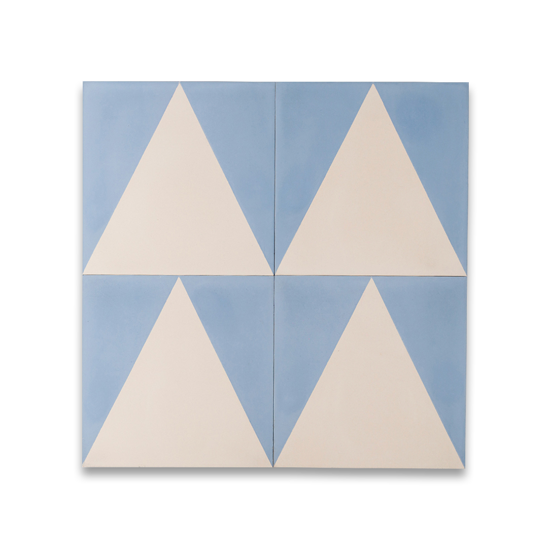 Cement tile featuring a geometric triangle pattern in soft sky blue and off-white tones, matte finish, ideal for modern, Scandinavian, or minimalist interior flooring and wall décor applications.