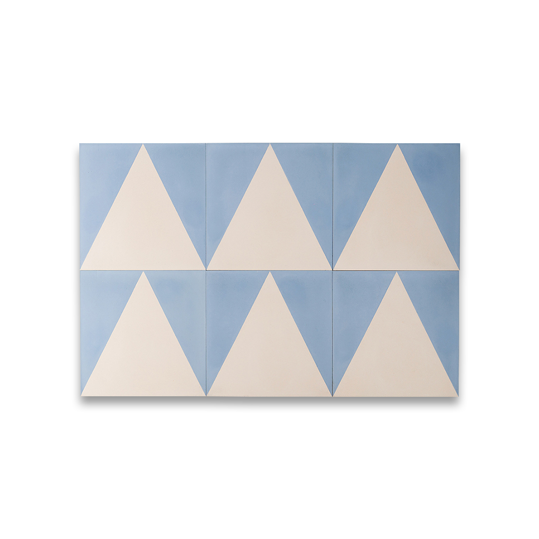 Cement tile featuring a geometric triangle pattern in soft sky blue and off-white tones, matte finish, ideal for modern, Scandinavian, or minimalist interior flooring and wall décor applications.