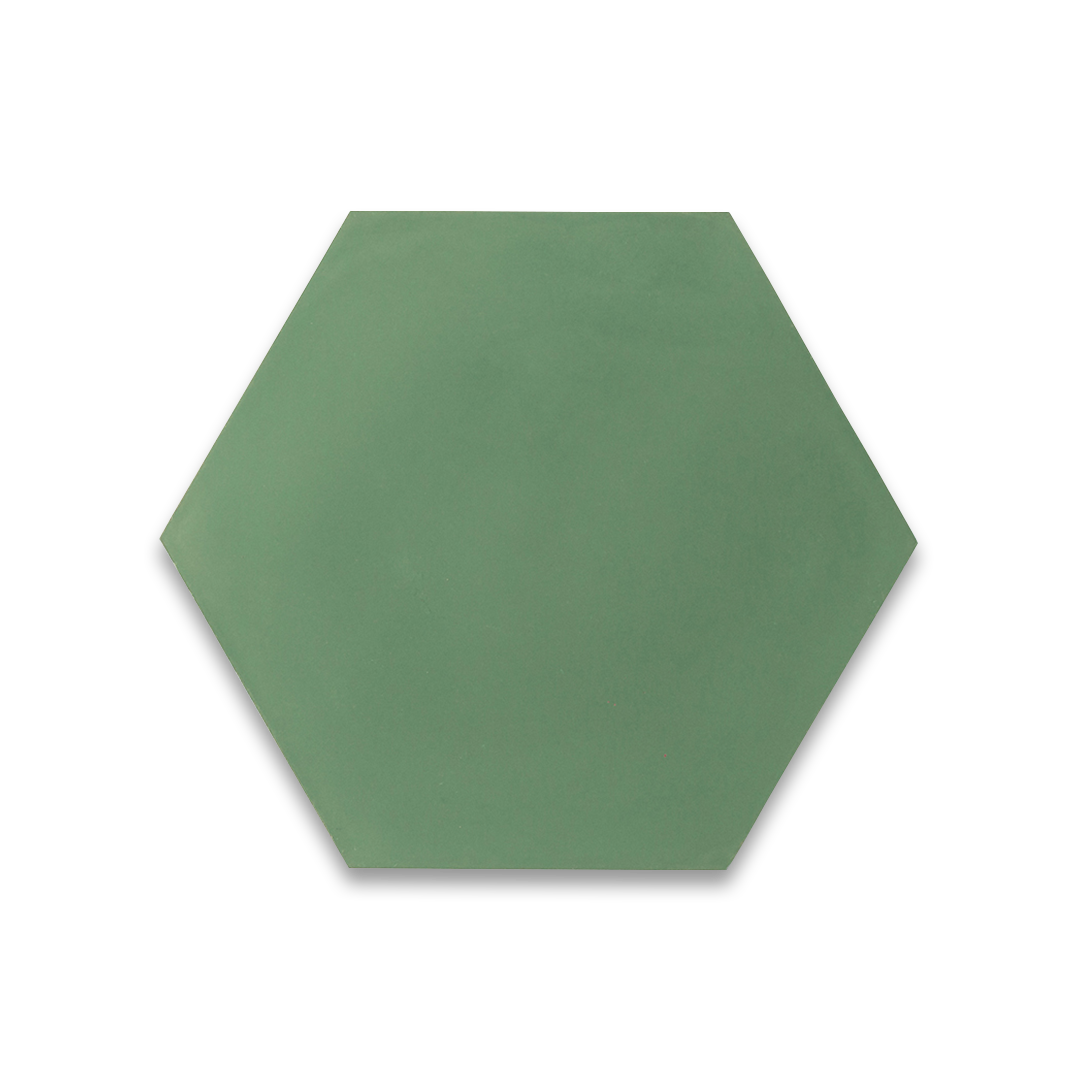 A solid sage green color in a hexagonal shape with a smooth matte finish, ideal for modern, minimalist, or Scandinavian flooring and wall designs.