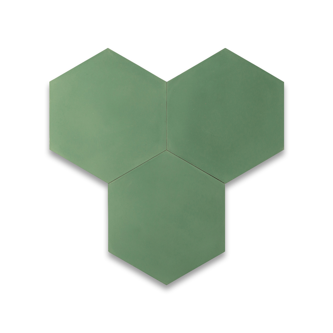 A solid sage green color in a hexagonal shape with a smooth matte finish, ideal for modern, minimalist, or Scandinavian flooring and wall designs.