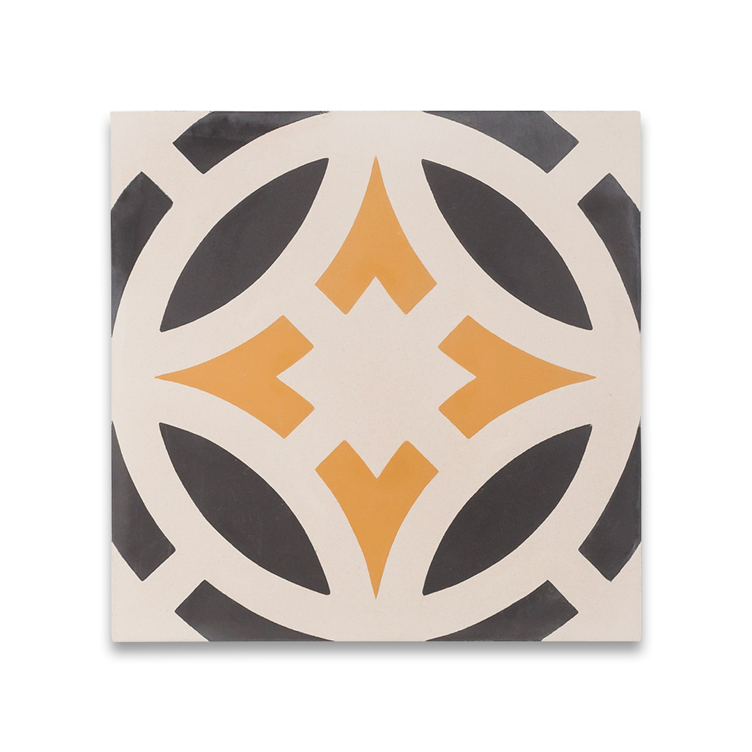 Cement tile featuring a geometric pattern with mustard yellow diamond motifs and black curved shapes on a cream background, matte finish, ideal for Mediterranean, Moroccan, or contemporary interior flooring and wall décor applications.