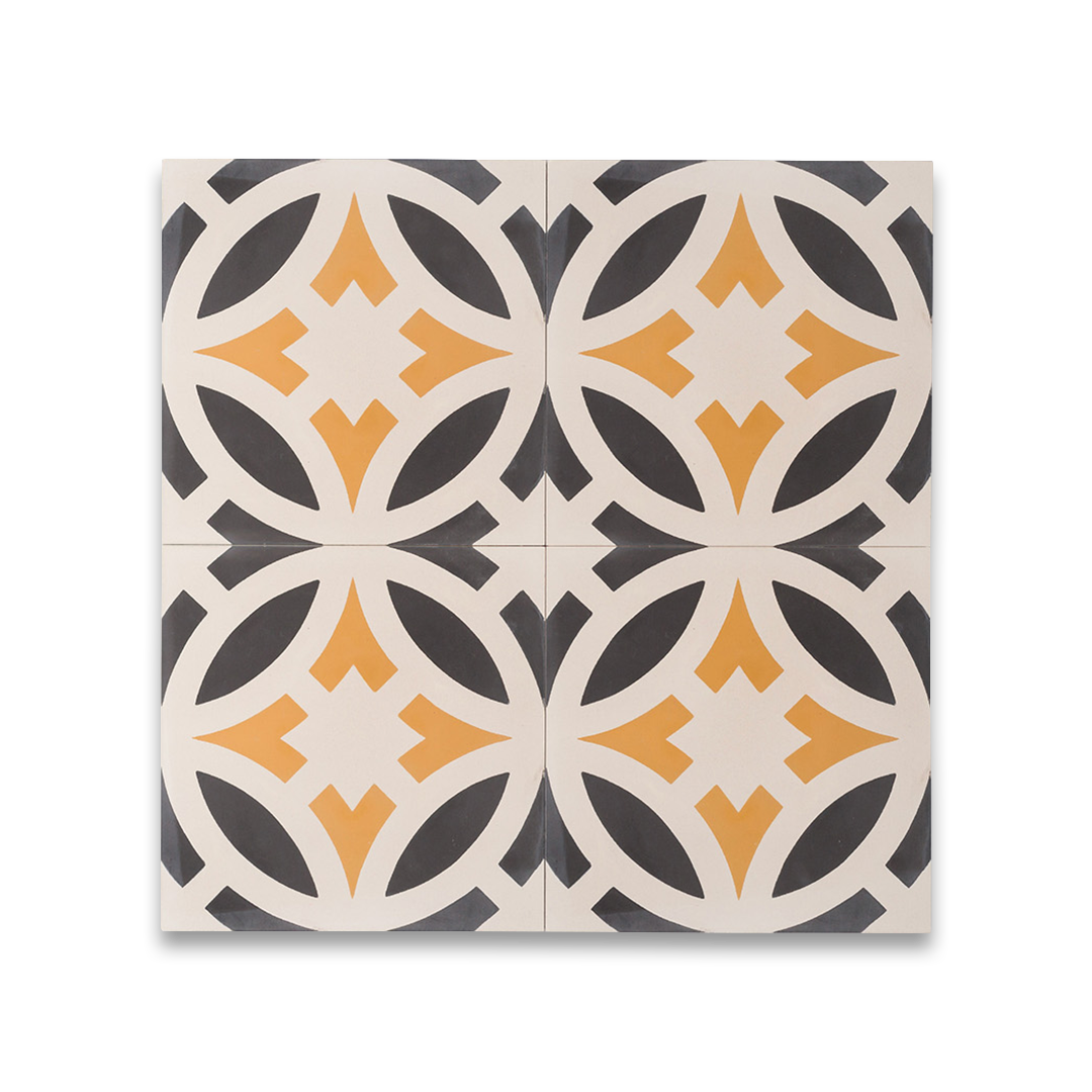 Cement tile featuring a geometric pattern with mustard yellow diamond motifs and black curved shapes on a cream background, matte finish, ideal for Mediterranean, Moroccan, or contemporary interior flooring and wall décor applications.