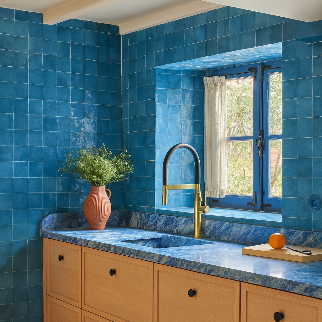 Modern kitchen with blue tiled walls, wooden cabinets, and a window.