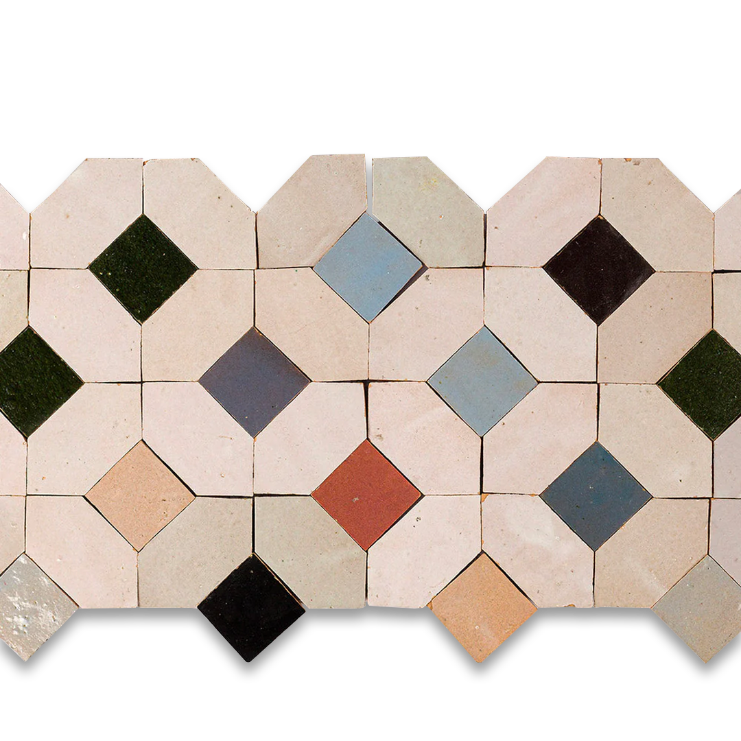 Geometric tile pattern with various colored tiles on a white background