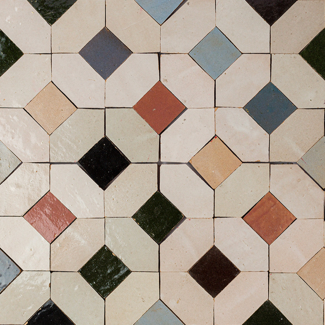 Patterned tile floor with various colored tiles
