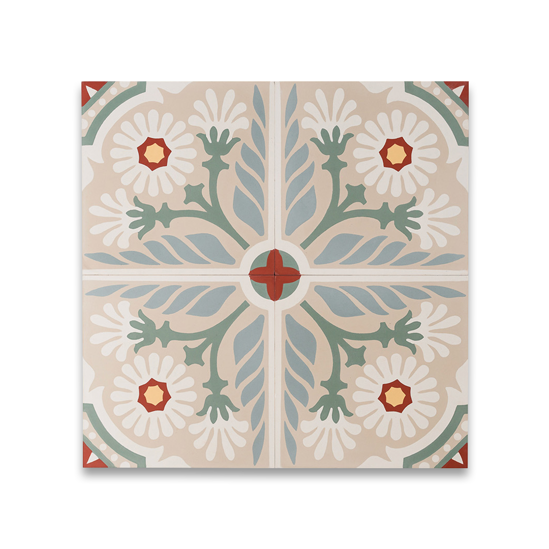 A floral pattern with white daisy-like flowers, green stems, and blue-gray leaves on a beige background, accented with red and yellow details, ideal for vintage or Mediterranean interiors.