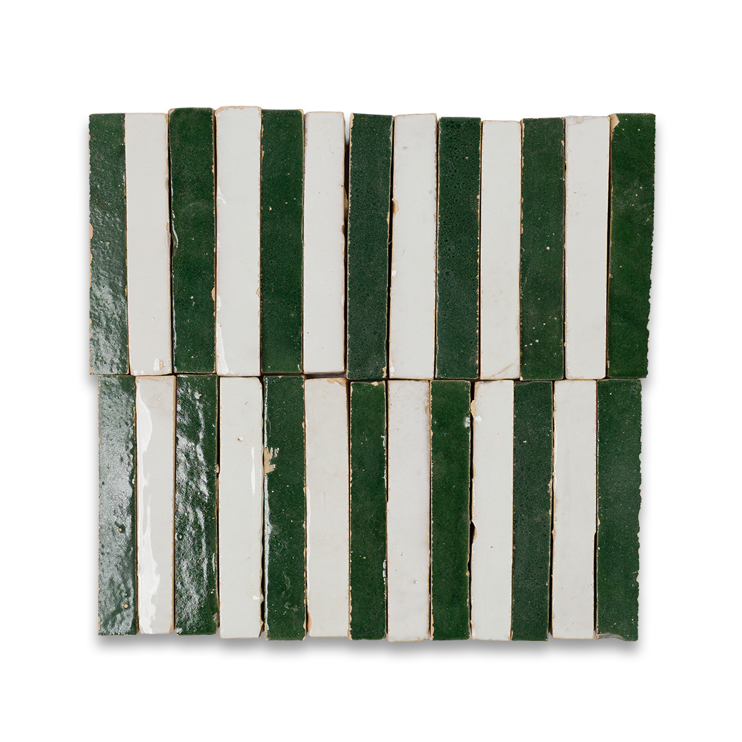 Set of green and white striped tiles on a white background