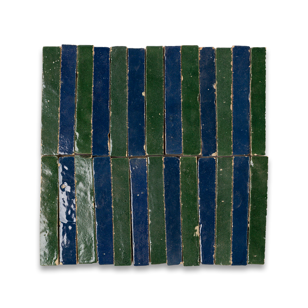 Mosaic tile pattern with alternating blue and green stripes on a white background