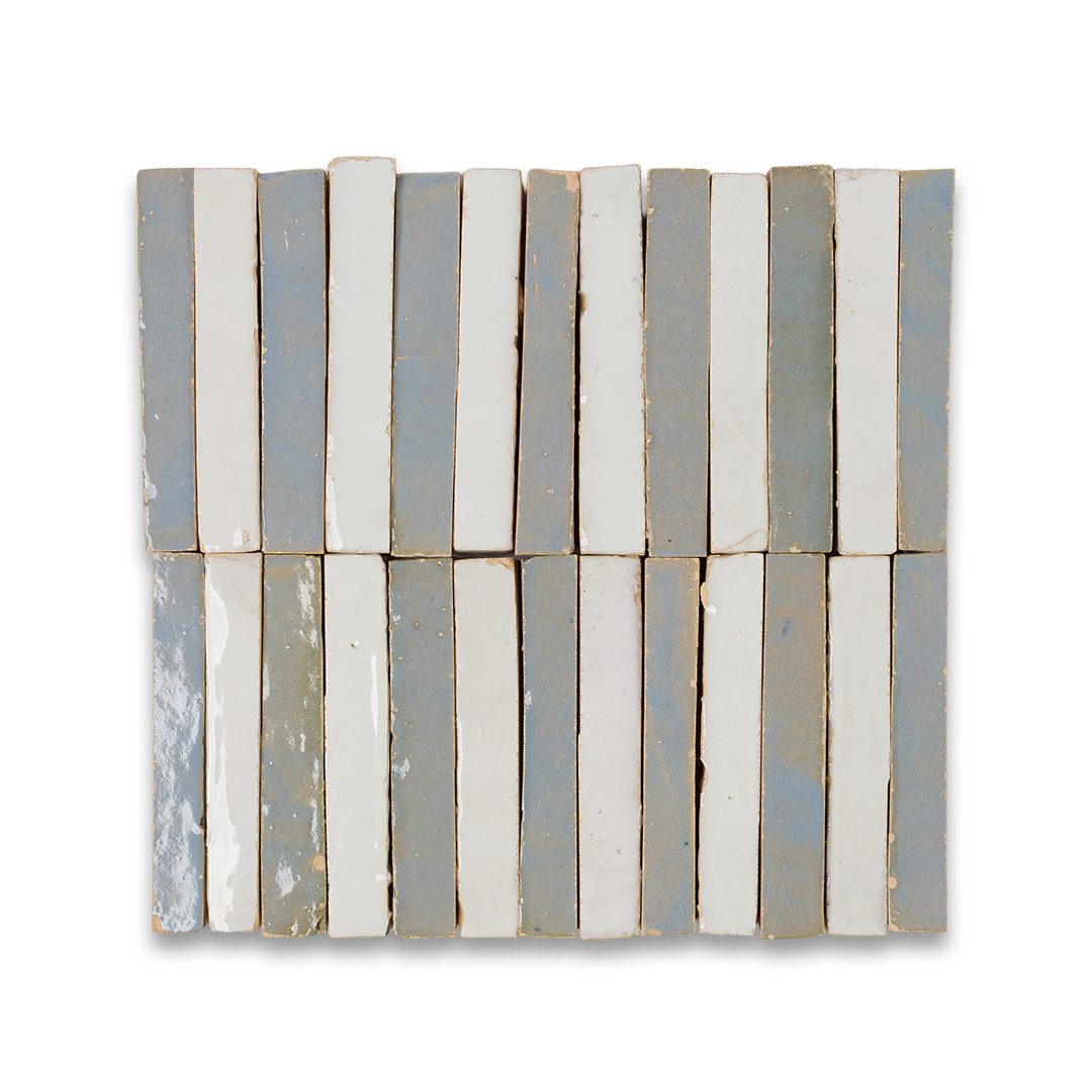Rectangular mosaic tile with horizontal stripes in various shades of gray on a white background