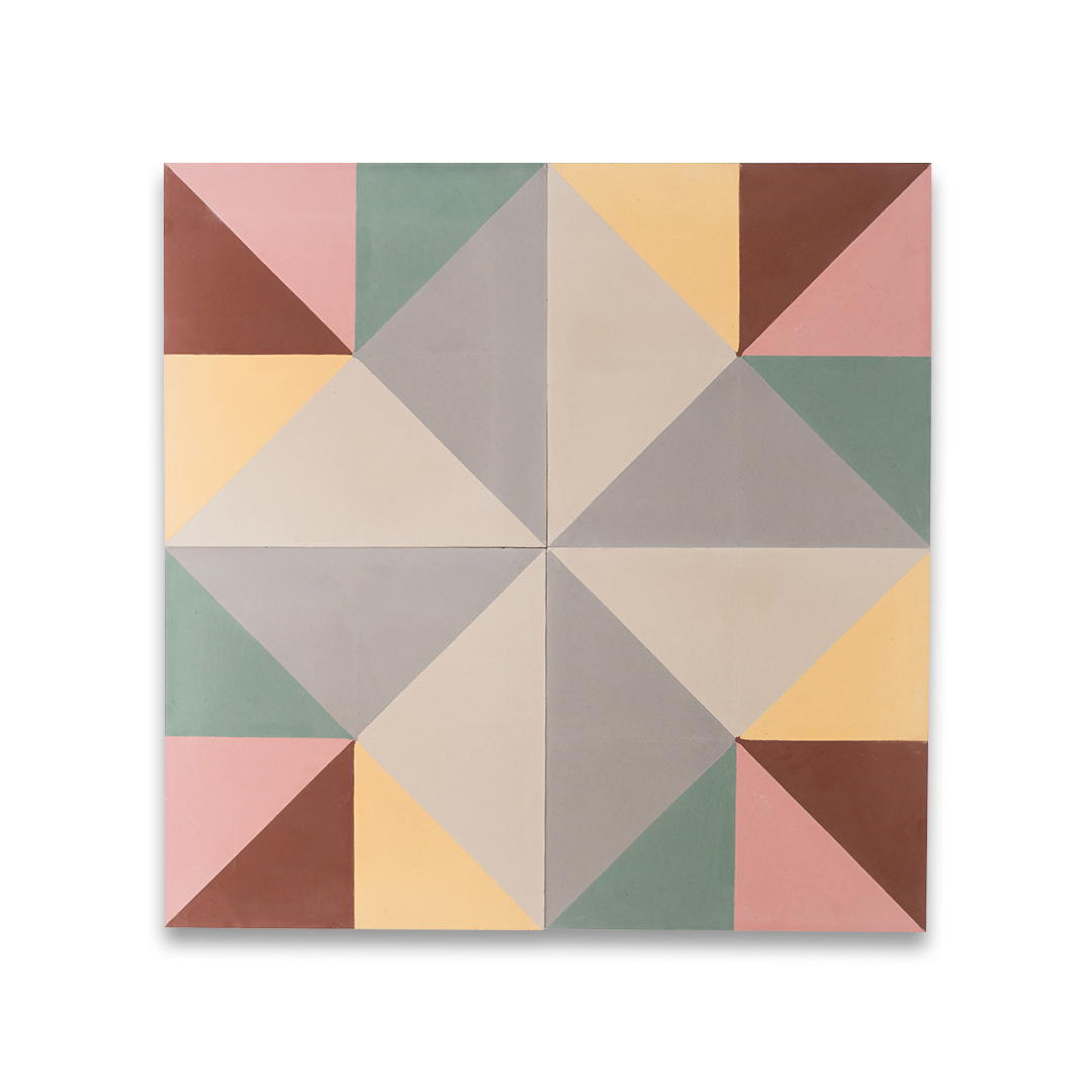 Cement tile featuring a geometric pinwheel pattern with pastel grey, yellow, green, pink, and terracotta triangles, matte finish, ideal for modern, mid-century, or eclectic interior flooring and wall décor applications.