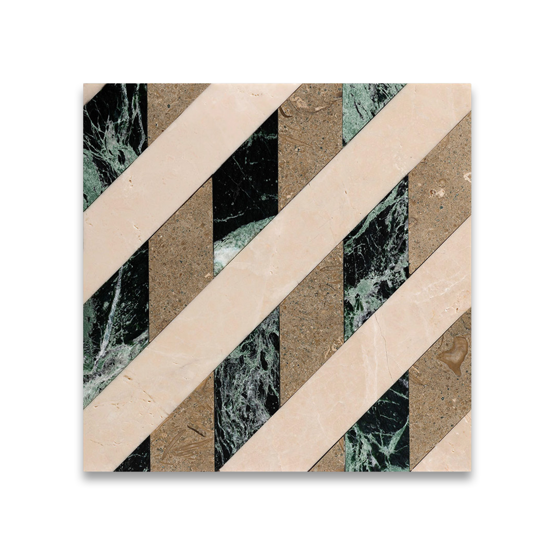 Decorative tile with a geometric pattern of beige, black, and green stripes on a white background