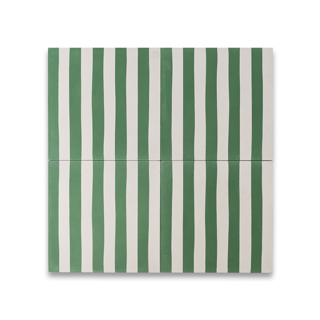 An alternating vertical green and white stripes with a matte finish, ideal for modern, retro, or Mediterranean interior flooring, wall décor, and accent design applications.