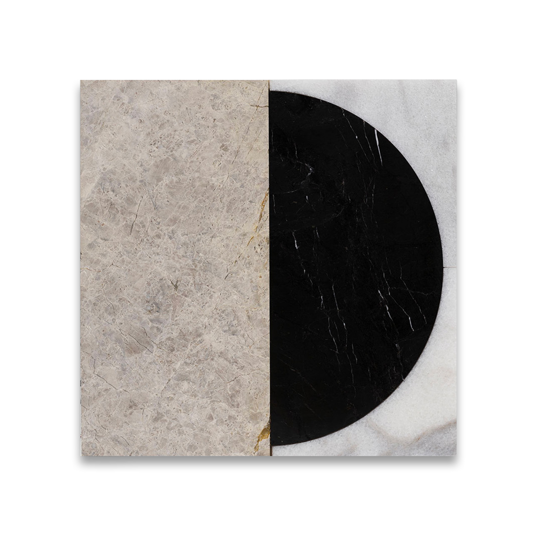 Decorative wall piece with marble and black half-circle design on a white background
