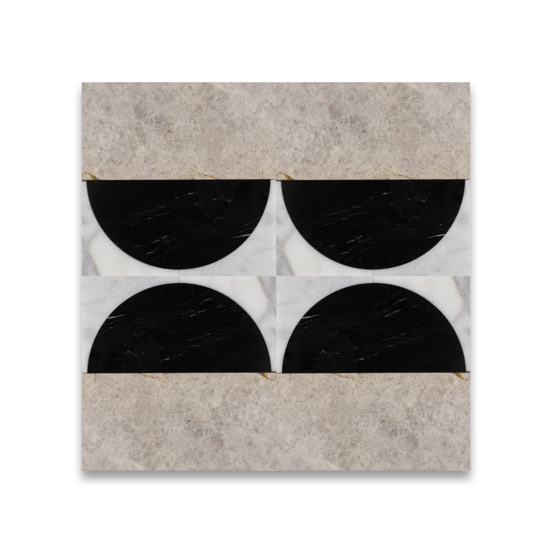 Tile with geometric pattern of black and white circles on a beige background