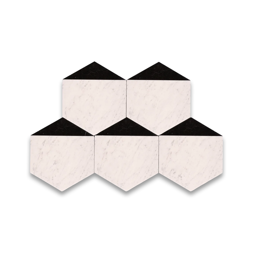 Hexagonal tiles with black and white color pattern on a white background